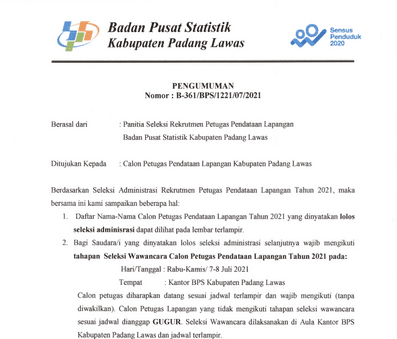 Pengumuman Seleksi Berkas Calon Petugas Pendataan Lapangan 2021